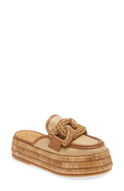 Tod's Kate Raffia Platform Mules In Beige Scuro