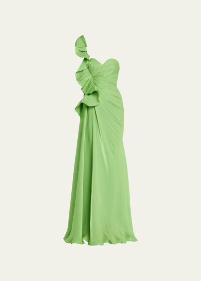 Badgley Mischka Botanical Leaf Ruched Ruffle Sweetheart Gown In Green