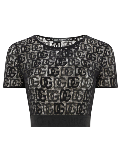Dolce & Gabbana Allover Dg Cropped Tulle T-shirt In Black