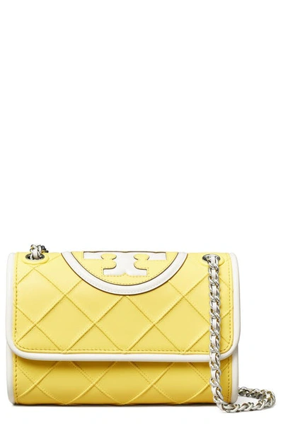 Tory Burch Fleming Soft Convertible Leather Shoulder Bag In Vintage Lemon/optic White/silver