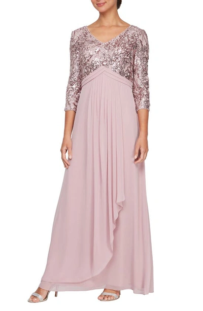 Alex Evenings Sequin Three-quarter Sleeve Gown In Blush