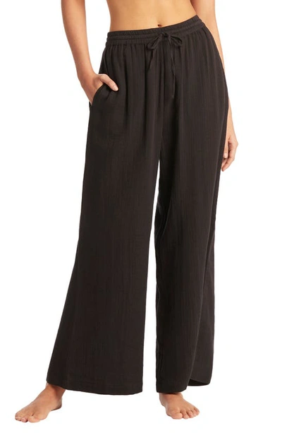 Sea Level Sunset Beach Cotton Gauze Cover-up Pants In Black
