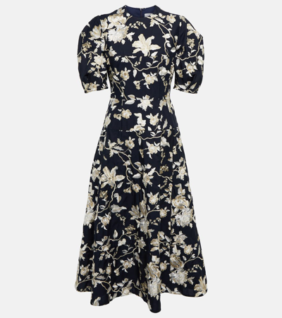 Erdem Womens Navy Kira Floral-embroidered Cotton-blend Midi Dress