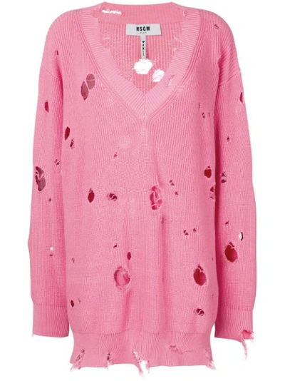 Msgm Oversized Distressed-knit Sweater In Pink