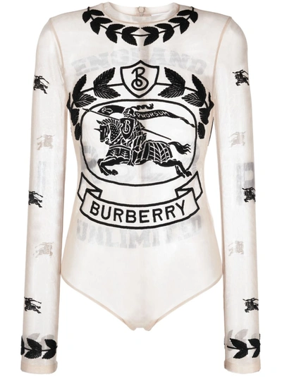 Burberry Ekd Embroidered Stretch Tulle Bodysuit In Camel
