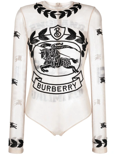 Burberry Ekd Embroidered Stretch Tulle Bodysuit In Nero