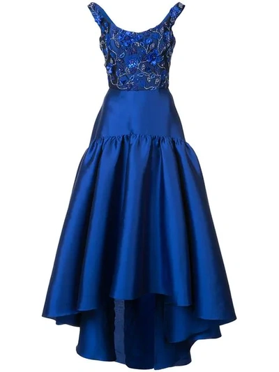 Marchesa Notte High-low Mikado Gown W/ Bead Embroidered Bodice In Blue
