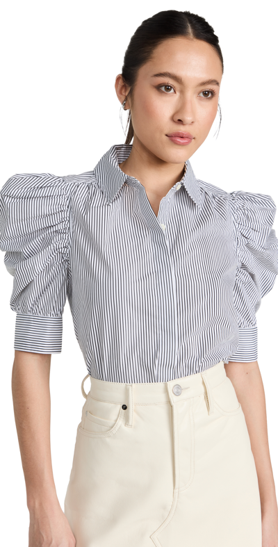 Frame Pinstripe Ruched Puff-sleeve Shirt In Noir Multi