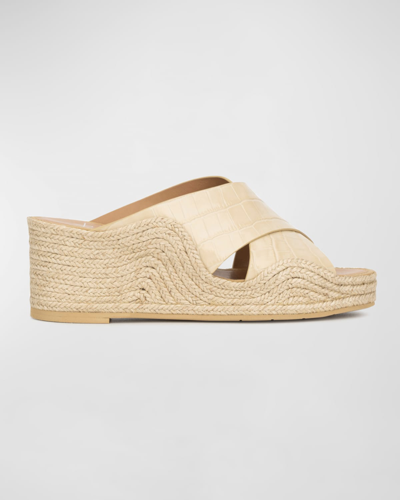 Aquatalia Marina Croco Crisscross Wedge Espadrille Sandals In Cream