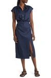 Frame Twisted Button-front Midi Dress With Side Slit In Navy