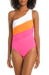 La Blanca Island Goddess Shirred Colorblock One-piece Swimsuit In Tangerine