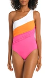 La Blanca Island Goddess Shirred Colorblock One-piece Swimsuit In Orange