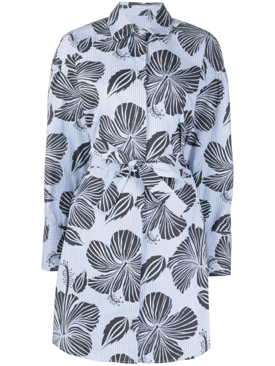 Msgm Floral-print Shirt Dress In Light Blue