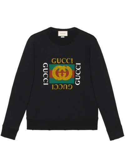 Gucci Distressed-effect Logo-print Cotton Sweatshirt In Black