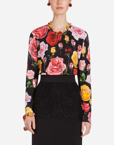 Dolce & Gabbana Round Neck Sweater In Printed Silk In Multi-colored