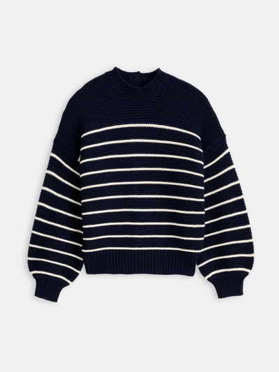 Alex Mill Button-back Crewneck Sweater In Stripe In Dark Navy/ivory