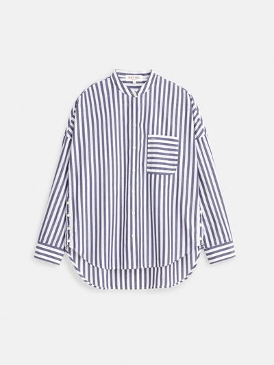 Alex Mill Collarless Standard Shirt In Wide Stripe In Navy/white