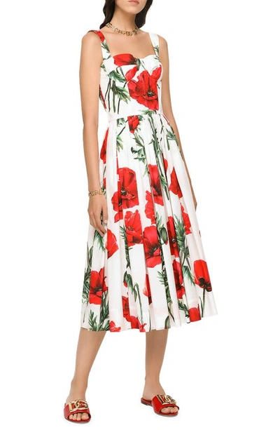 Dolce & Gabbana Floral-print Midi Dress In Red/white