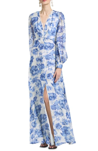 Sachin & Babi Galina Dotted Floral-print Chiffon Maxi Dress In Blue