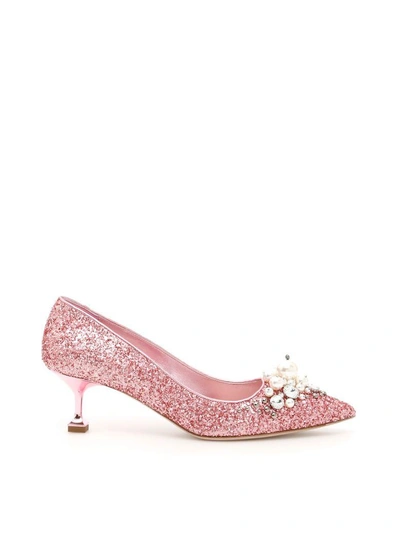 Miu Miu Glitter Pumps In Petalorosa