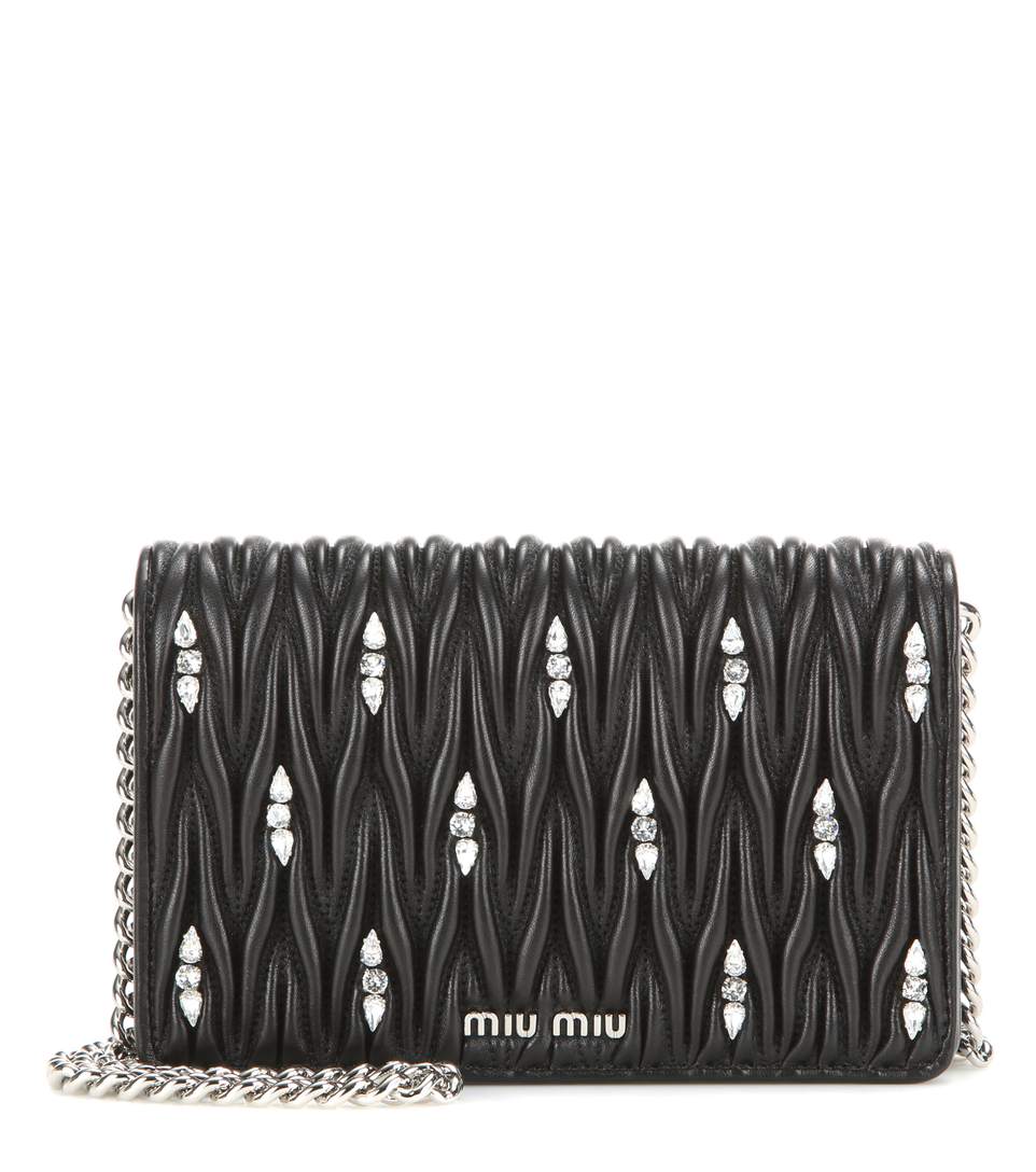 Miu Miu Crystal-embellished Matelassé Leather Shoulder Bag In Eero