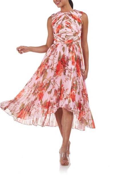 Kay Unger Sleeveless Pleated Floral-print Midi Dress In Rose Tan
