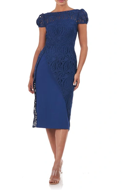 Kay Unger Puff-sleeve A-line Lace Midi Dress In Marine Blue