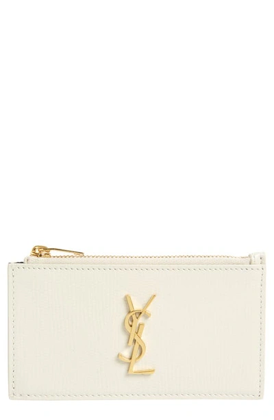 Saint Laurent Fragments Ysl Zip Leather Card Case In Crema Soft