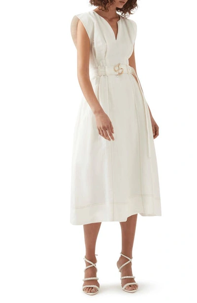 Aje Beacon Structured Topstitched Belted Midi Dress In White