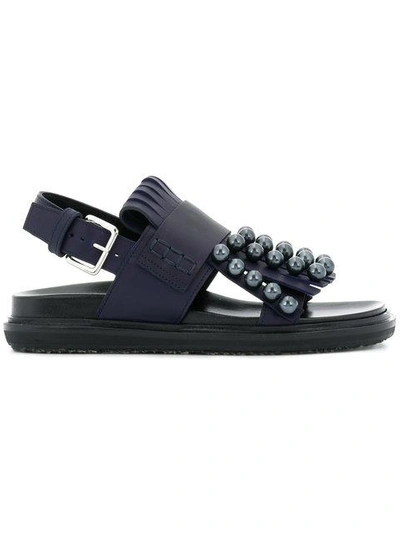 Marni Pearl Embellished Fringed Sandals In Blue