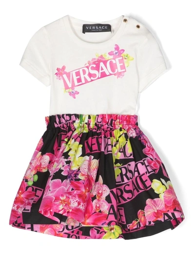 Versace Babies' Floral Logo-print T-shirt Dress In Multi