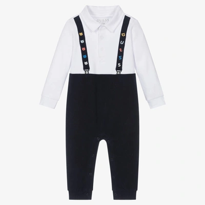 Guess Baby Boys White & Blue Cotton Romper In Blue
