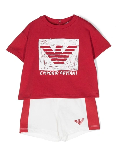 Emporio Armani Baby Boys Red & White Cotton Logo Shorts Set In Bianco/rossa