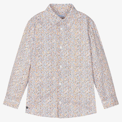 Mayoral Kids' Boys White Cotton Floral Shirt In Blue