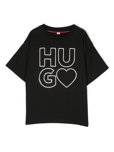 Hugo Kids'  Girls Black Cotton Logo T-shirt