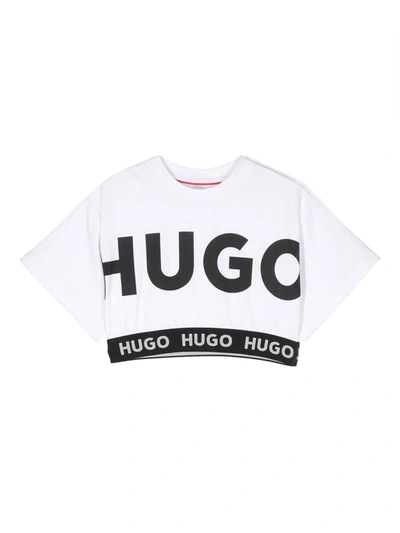 Hugo Kids'  Girls White Cotton Cropped T-shirt