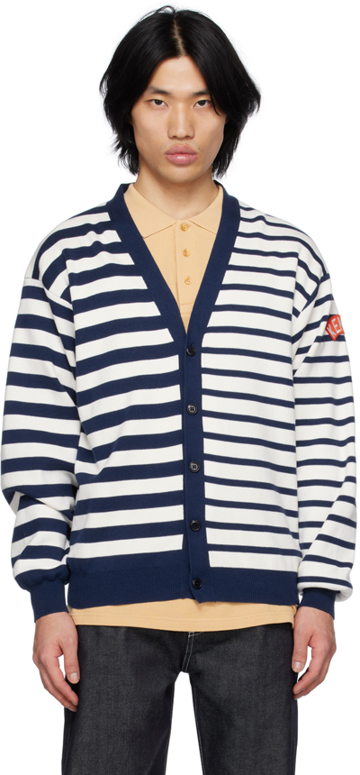 Kenzo Nautical Mixed Stripe Cotton & Wool Cardigan In Midnight Blue