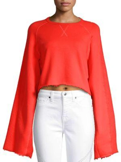 7 For All Mankind Crewneck Flare-sleeve Crop French Terry Sweatshirt In Poppy