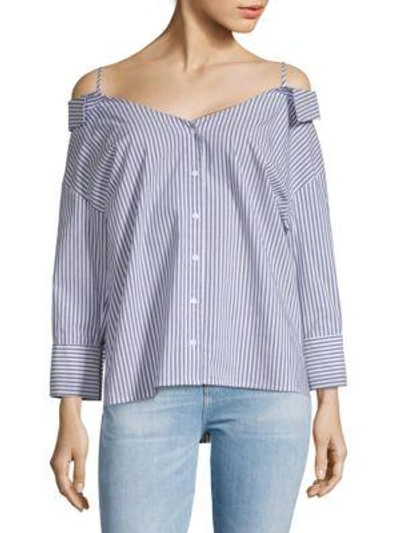 Collective Concepts Off-shoulder Stripe Shirt In Blue-white
