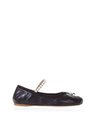 Miu Miu Lambskin Ballet Laces Shoes With Pearls In Black