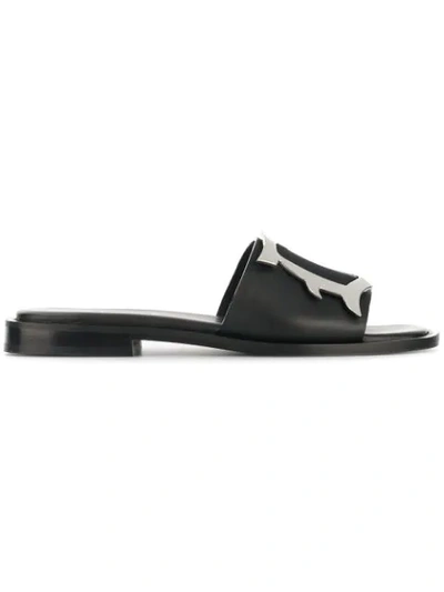 Dondup Black Leather Sandals With Logo