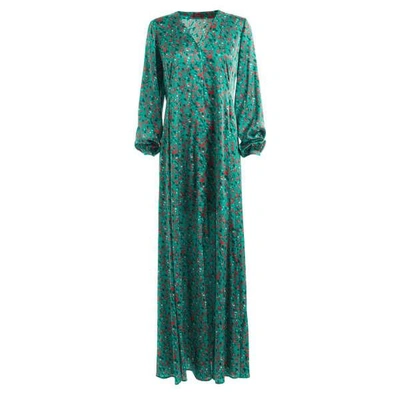 Wtr  Sabrina Turquoise Printed Silk Long Sleeve Maxi Dress