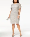 Adrianna Papell Plus Size Beaded Flutter-sleeve Dress In Silver