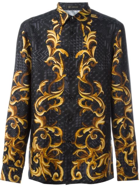 Versace Intarsia Foulard Print Silk Shirt In Black + Gold | ModeSens