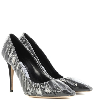 Jimmy Choo Anne 100 Black Satin Chisel Toe Pumps With Ruched Tpu In Multi