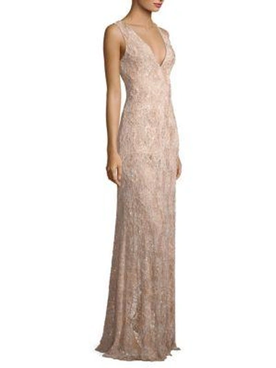 Carmen Marc Valvo Floral Beaded Gown In Blush