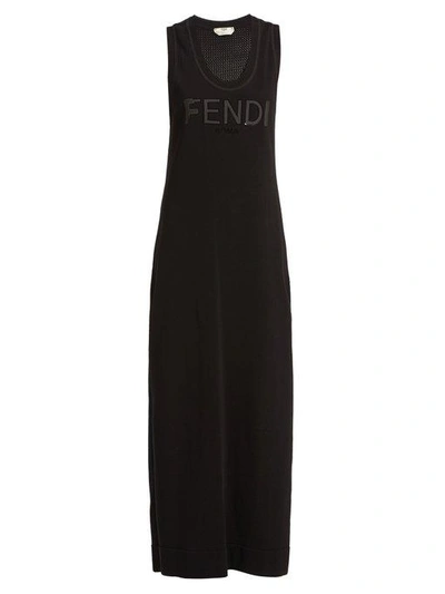 Fendi Logo-print Cotton-knit Maxi Dress In Black