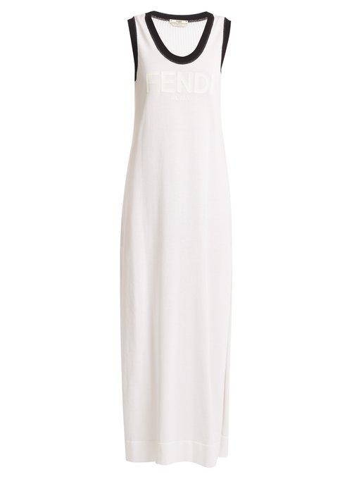 Fendi Logo Print Cotton Knit Maxi Dress In White Modesens