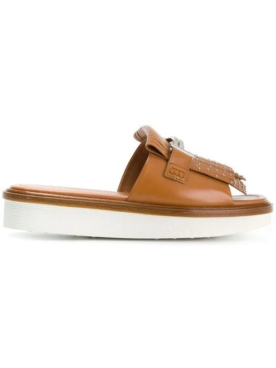 Tod's Tod`s Double T Fringed Sliders In Cuoio Chiaro