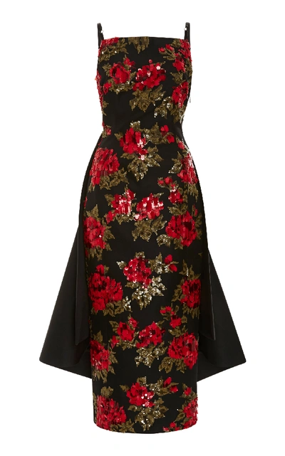 Michael Kors Chine Floral-embroidered Cocktail Dress W/ Train In Black